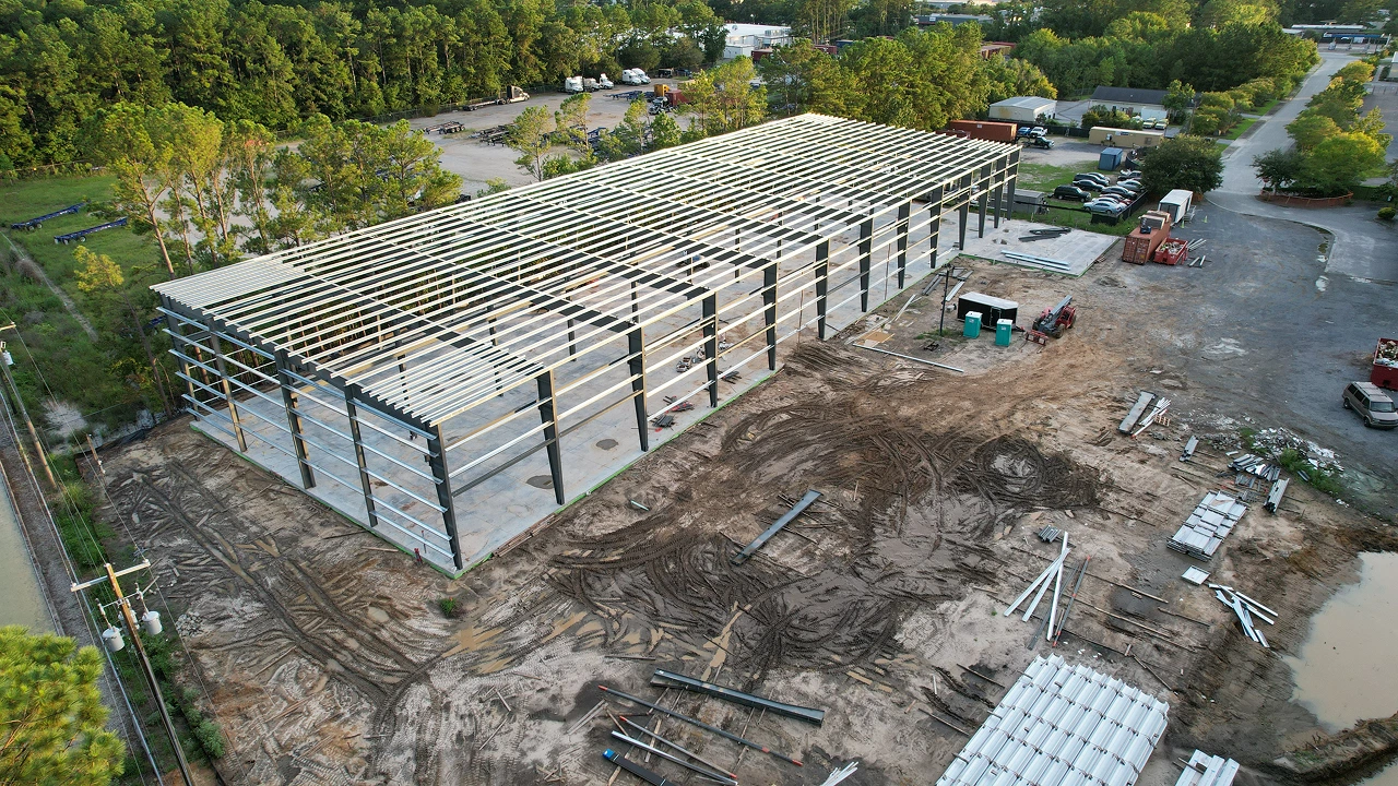 long shot view of the job site on going