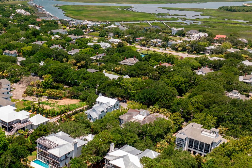 Aerial view of homes and marshland in Berkeley County, SC